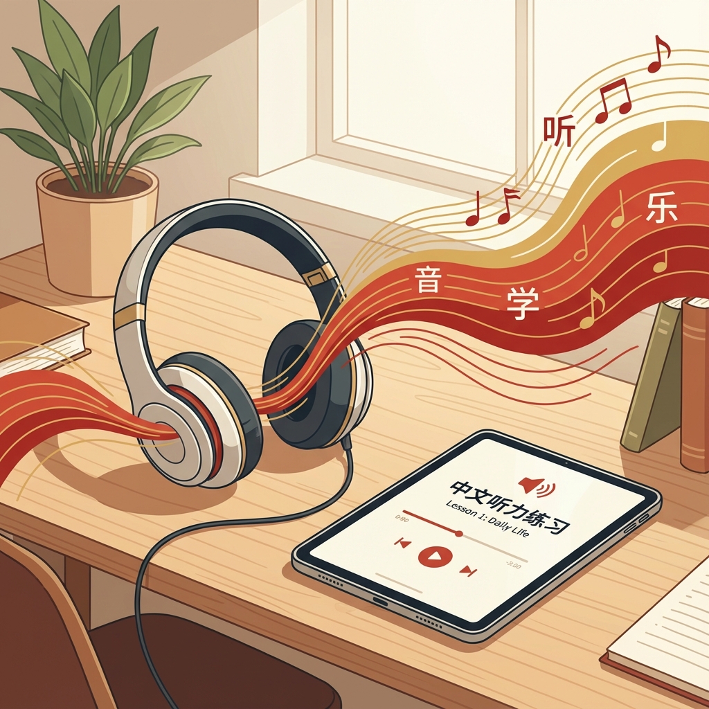 Người đội tai nghe luyện nghe tiếng Trung